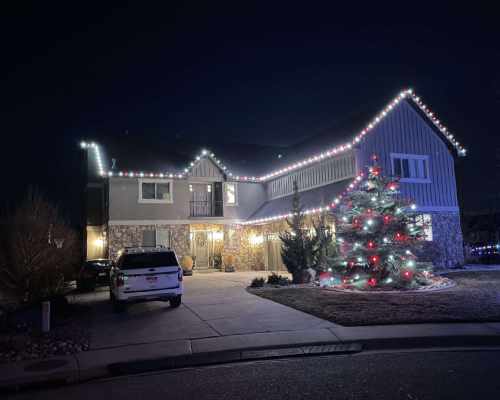 House with multicolored Christmas lights and decorated pine tree