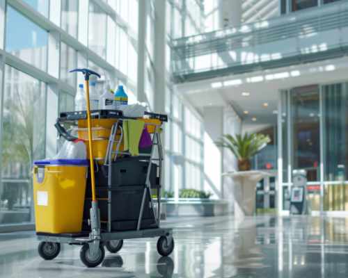 Wheeled cleaning cart in tiled lobby of commercial building