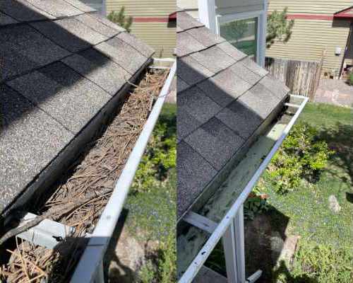 White aluminum rain gutters before and after professional gutter cleaning