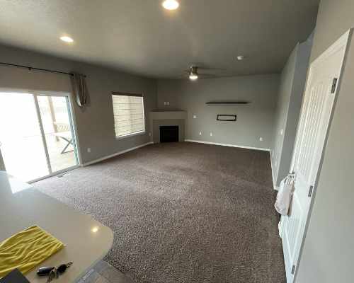 Carpeted living room with fireplace and no furniture